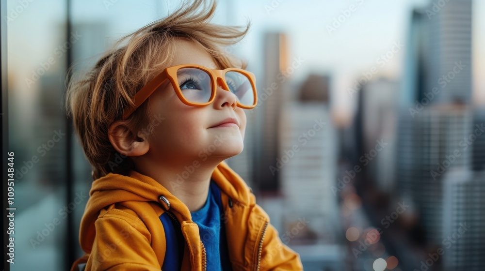 Fototapeta premium Child with Glasses Looking at Cityscape