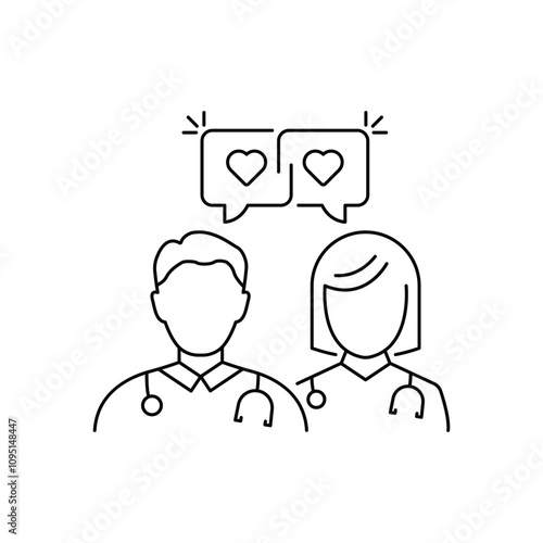 Doctors Consultation with Speech Bubble Line Icon. Physicians Speaking Linear Pictogram. Medic Specialist Conversation Outline Icon. Healthcare Chat.