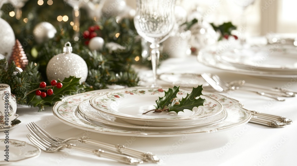 Elegant Christmas Table Setting with Luxurious Dinnerware, Holly Accents, and Festive Decor for a Memorable Holiday Feast Experience Elegant Christmas Table Setting with Luxurious Dinnerware, Holly Accents, and Festive Decor for a Memorable Holiday Feast Experience