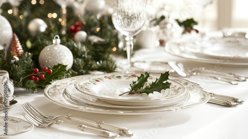 Elegant Christmas Table Setting with Luxurious Dinnerware, Holly Accents, and Festive Decor for a Memorable Holiday Feast Experience