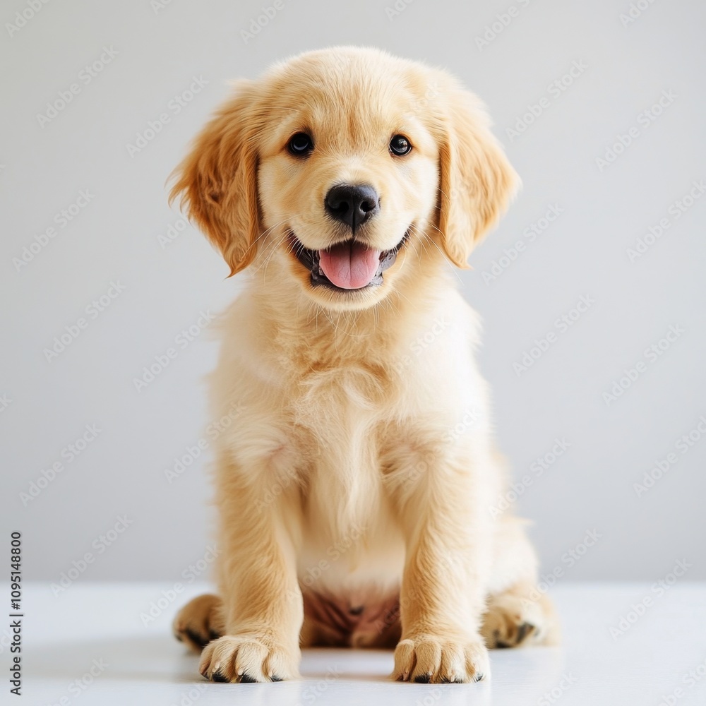 Playful Golden Retriever Puppy with Floppy Ears Sitting Happily, Showcasing Adorable Expression and Soft Fur in a Bright, Minimalist Setting Playful Golden Retriever Puppy with Floppy Ears Sitting Happily, Showcasing Adorable Expression and Soft Fur in a Bright, Minimalist Setting