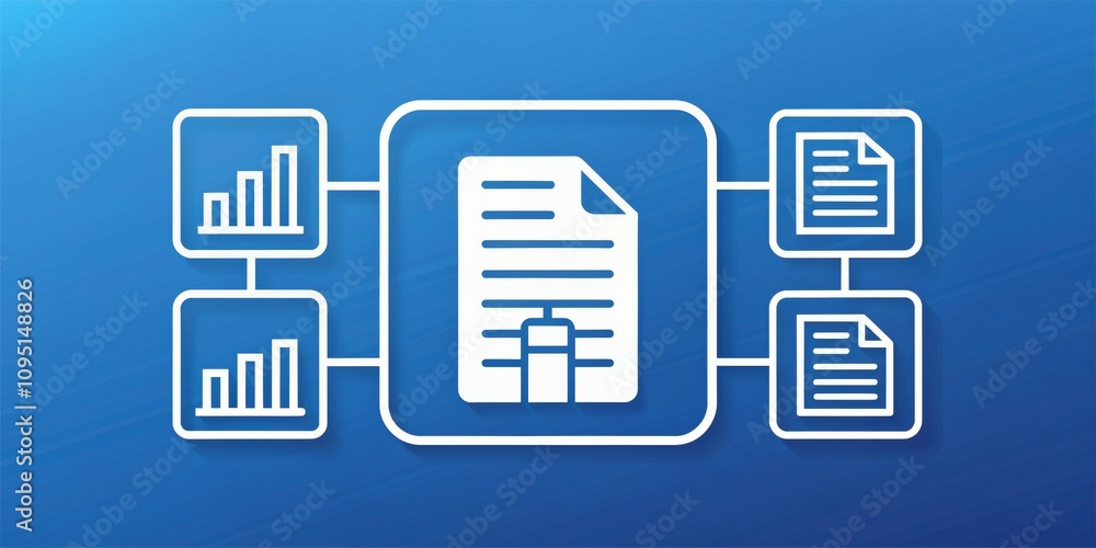 Data Analysis and Reporting A Central Document Connected to Charts and Other Files on a Blue Background Data Analysis and Reporting A Central Document Connected to Charts and Other Files on a Blue Background