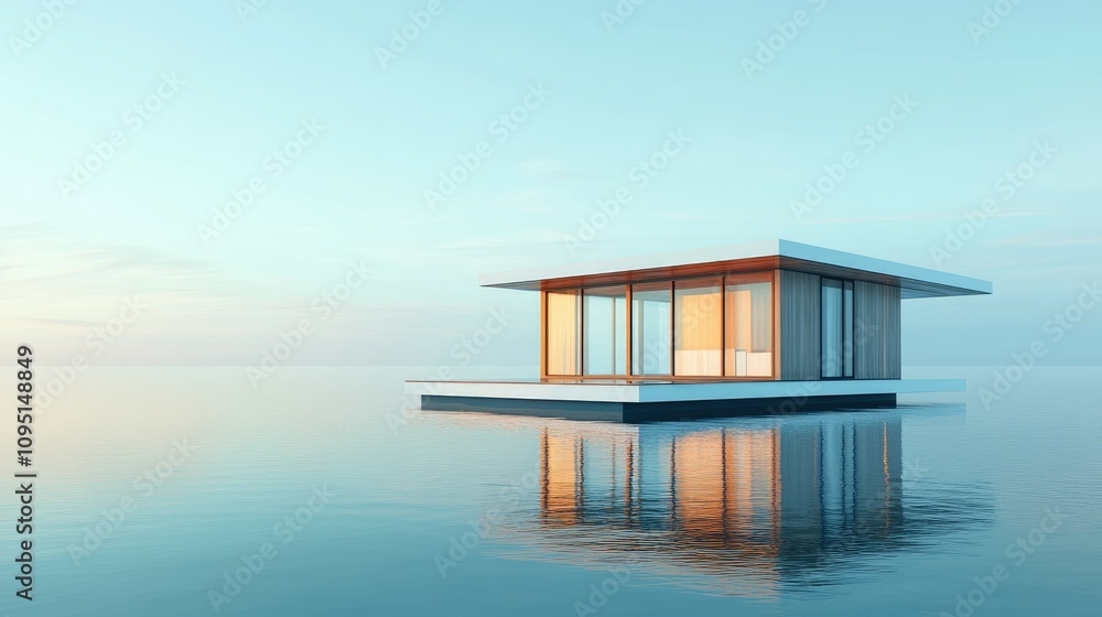 A modern floating house on calm water, reflecting tranquility and contemporary design. A modern floating house on calm water, reflecting tranquility and contemporary design.