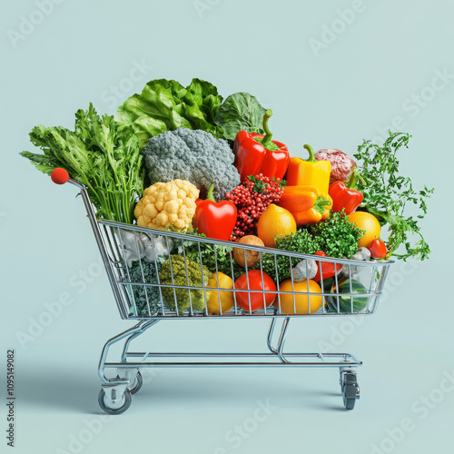 A shopping cart filled with large vegetables and fresh greens, ready for a healthy grocery shopping experience.
