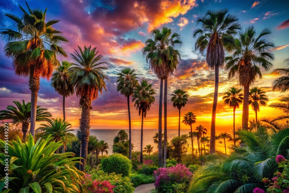 Vibrant California Exotic Paradise T-shirt Design Featuring Lush Tropical Elements and Sunset Colors in Low Light Photography Style for a Unique Fashion Statement Vibrant California Exotic Paradise T-shirt Design Featuring Lush Tropical Elements and Sunset Colors in Low Light Photography Style for a Unique Fashion Statement