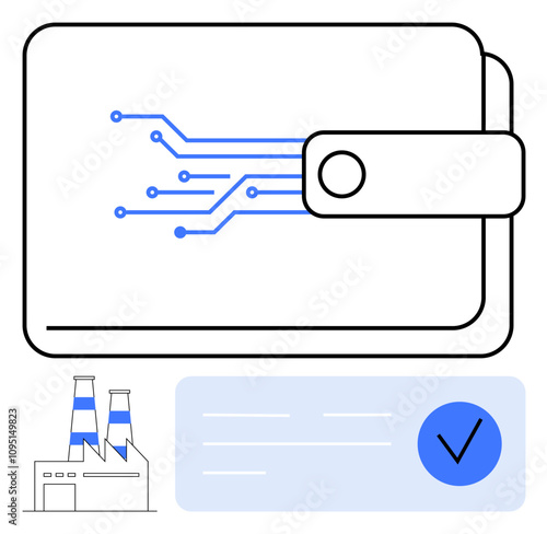 Digital wallet with circuitry, industrial factory with blue chimneys, validation checkmark. Ideal for digital finance, industrial economy, technology validation, online security, digital