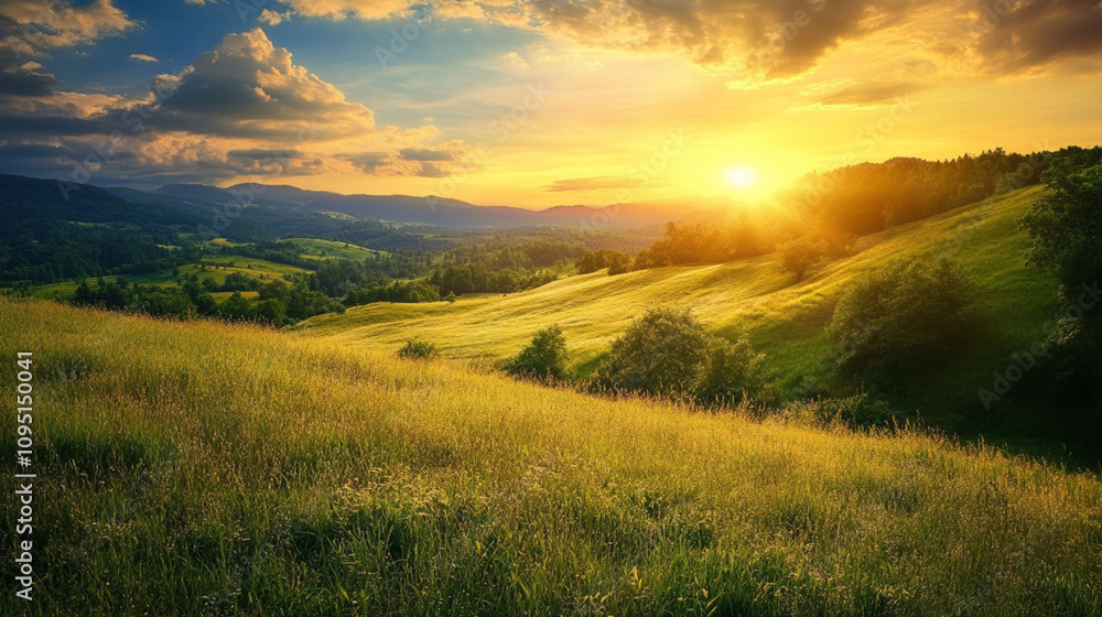 Fototapeta premium Golden sunset over rolling hills and a grassy valley.