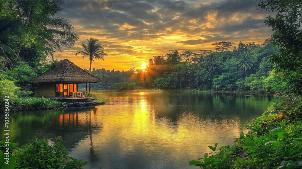 Fototapeta premium A small thatched-roof hut sits on a lake at sunset