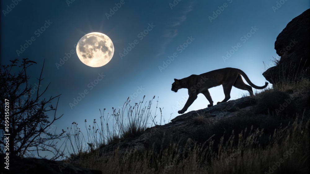 With a graceful arch of the back one prowler transitions seamlessly from shadows into the moonlight embodying the spirit of the night. With a graceful arch of the back one prowler transitions seamlessly from shadows into the moonlight embodying the spirit of the night.