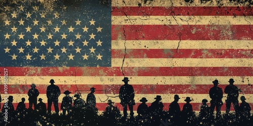 A vertical background featuring an American flag and silhouettes of veterans, perfect for event promotions. photo