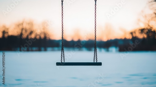 Lonely Swing Set in Snowy Winter Park at Sunset