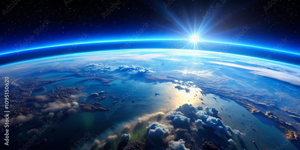 Obraz premium Earthrise A Breathtaking View of Our Planet from Space with a Glowing Sun Rising Above the Horizon and Clouds Covering the Surface