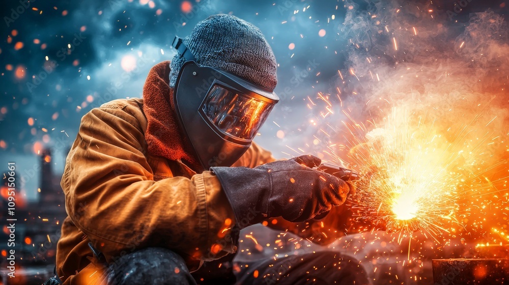Skilled Worker Engaged in Metal Welding with Bright Sparks Flying in a Dynamic Industrial Environment Skilled Worker Engaged in Metal Welding with Bright Sparks Flying in a Dynamic Industrial Environment
