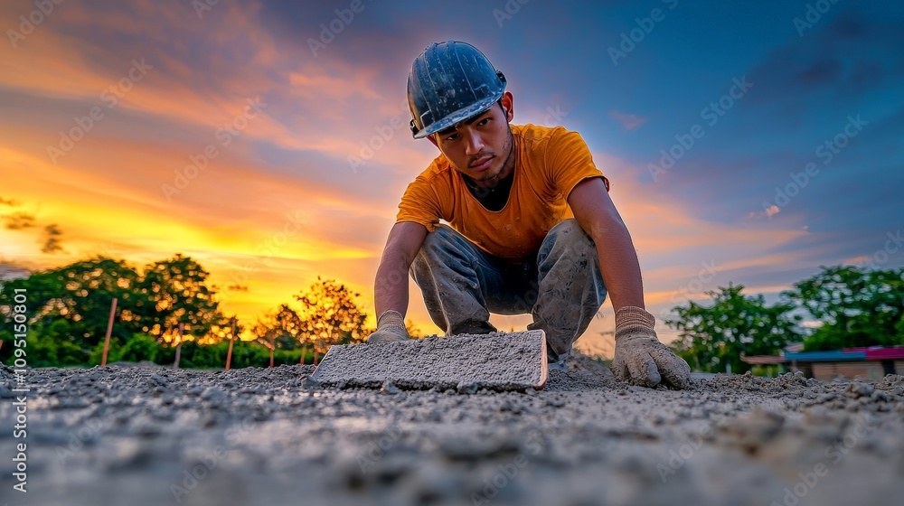 Fototapeta premium A Dedicated Cement Worker Using a Float to Smooth Fresh Concrete Surface Under a Colorful Sunset Sky with Trees in the Background