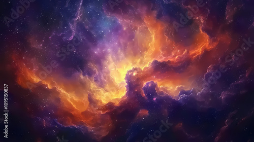 A vibrant nebula with swirling clouds of orange and purple gas. the nebula is filled with stars, creating a stunning and celestial scene. Celestial Dream Clouds. Illustration