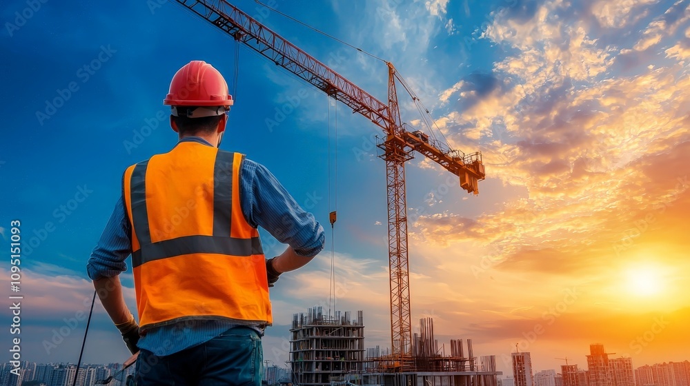 Construction worker observing a crane at sunset, showcasing the dynamic and industrious nature of the building industry with dramatic sky colors and architectural elements. Construction worker observing a crane at sunset, showcasing the dynamic and industrious nature of the building industry with dramatic sky colors and architectural elements.
