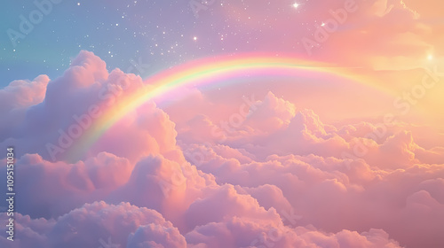 A magical rainbow arching over fluffy clouds in a pastel sky with glittering stars. Celestial Dream Clouds. Illustration photo