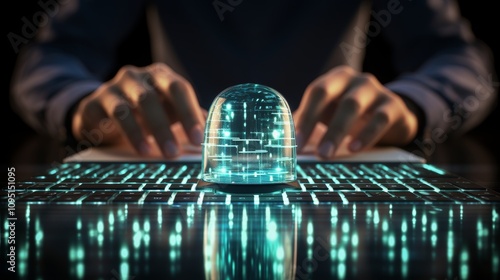 Cybersecurity concept  hands typing on laptop with digital lock hologram and bokeh background photo