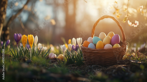 Wicker basket with colorful Easter eggs and blooming crocuses in a sunny garden. Easter celebration and springtime concept for articles, greeting cards, or seasonal advertising campaigns. photo