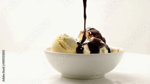 Close-Up Cinematic Shot of Three Ice Cream Scoops with Drizzled Chocolate Syrup for a Luxurious Dessert Experience