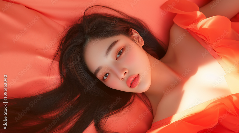 A beautiful Asian woman lying on vibrant orange fabric, showcasing high-end fashion and soft natural light, evoking elegance and grace. A beautiful Asian woman lying on vibrant orange fabric, showcasing high-end fashion and soft natural light, evoking elegance and grace.