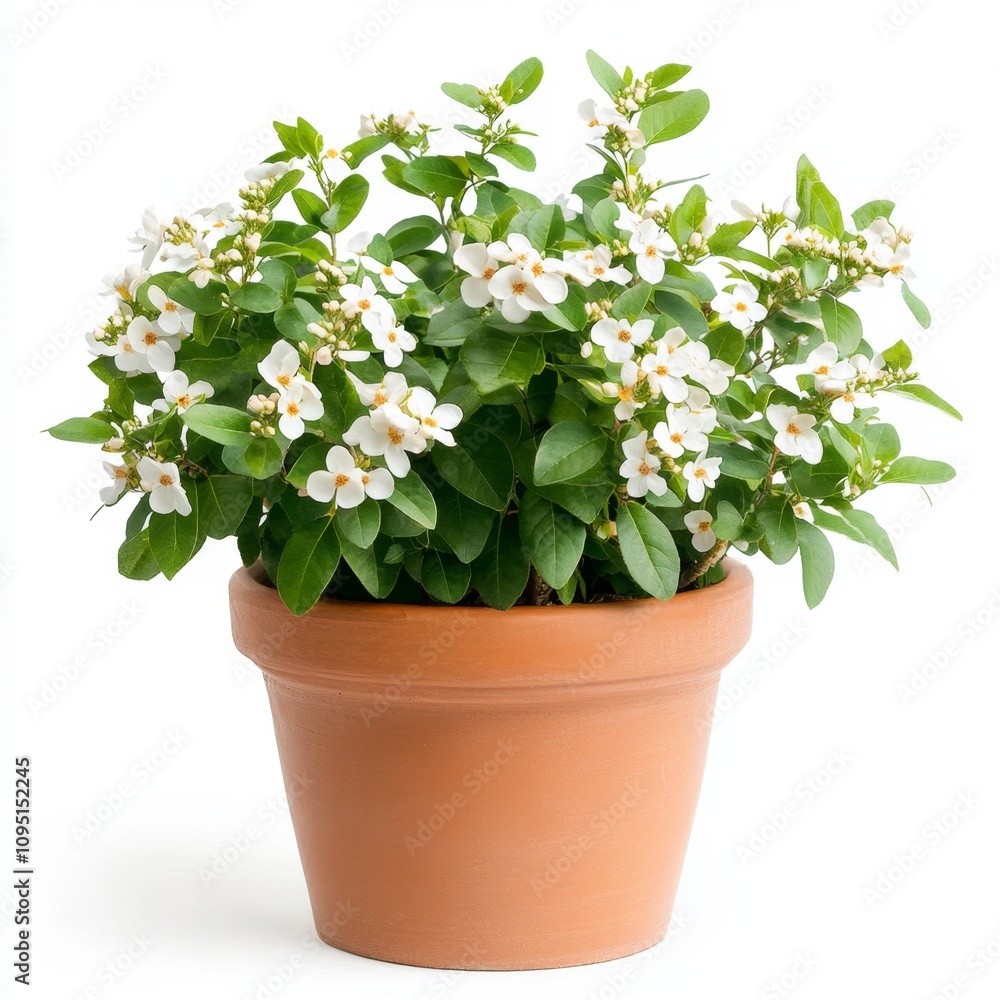 Small Flowering Bush in Decorative Terracotta Pot Against a Clean Background, Perfect for Home Decor, Gardening, and Nature Themes Small Flowering Bush in Decorative Terracotta Pot Against a Clean Background, Perfect for Home Decor, Gardening, and Nature Themes