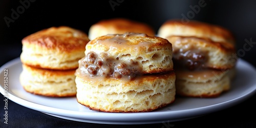 Delicious Homemade Biscuits with Savory Gravy on White Plate - Perfect Buttery Texture for Breakfast, Lunch, or Dinner - Discover This Classic Comfort Food Recipe