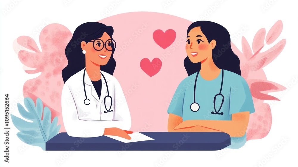 Two Female Doctors with Hearts in the Background Two Female Doctors with Hearts in the Background