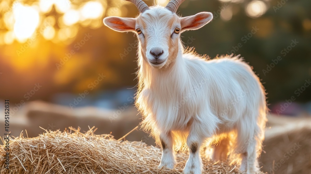 Obraz premium White Goat in Golden Sunset