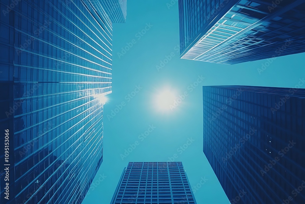 Modern Skyscrapers Low Angle City View, Blue Sky Reflection Modern Skyscrapers Low Angle City View, Blue Sky Reflection