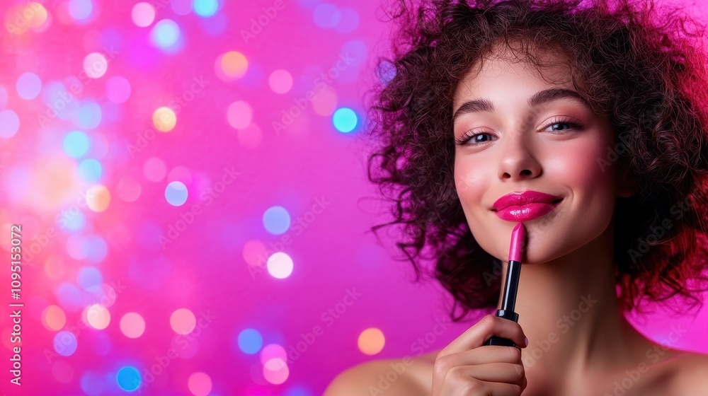 Fototapeta premium Stunning Portrait of a Woman Applying Glossy Pink Lipstick Against a Colorful Bokeh Background Capturing Beauty and Glamour