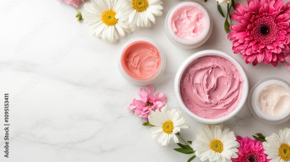 A Vibrant Arrangement of Moist Skincare Products Surrounded by Fresh Flowers, Showcasing the Beauty of Natural Ingredients and Wellness in Self-Care Rituals