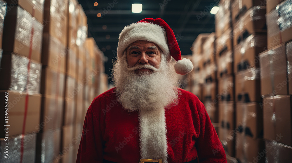 Santa Claus stands in a warehouse filled with gift boxes during the holiday season Santa Claus stands in a warehouse filled with gift boxes during the holiday season