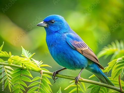 Vibrant Indigo Bunting perching on a branch in a natural setting with lush greenery, showcasing its striking blue plumage against a blurred background for nature lovers and birdwatchers.