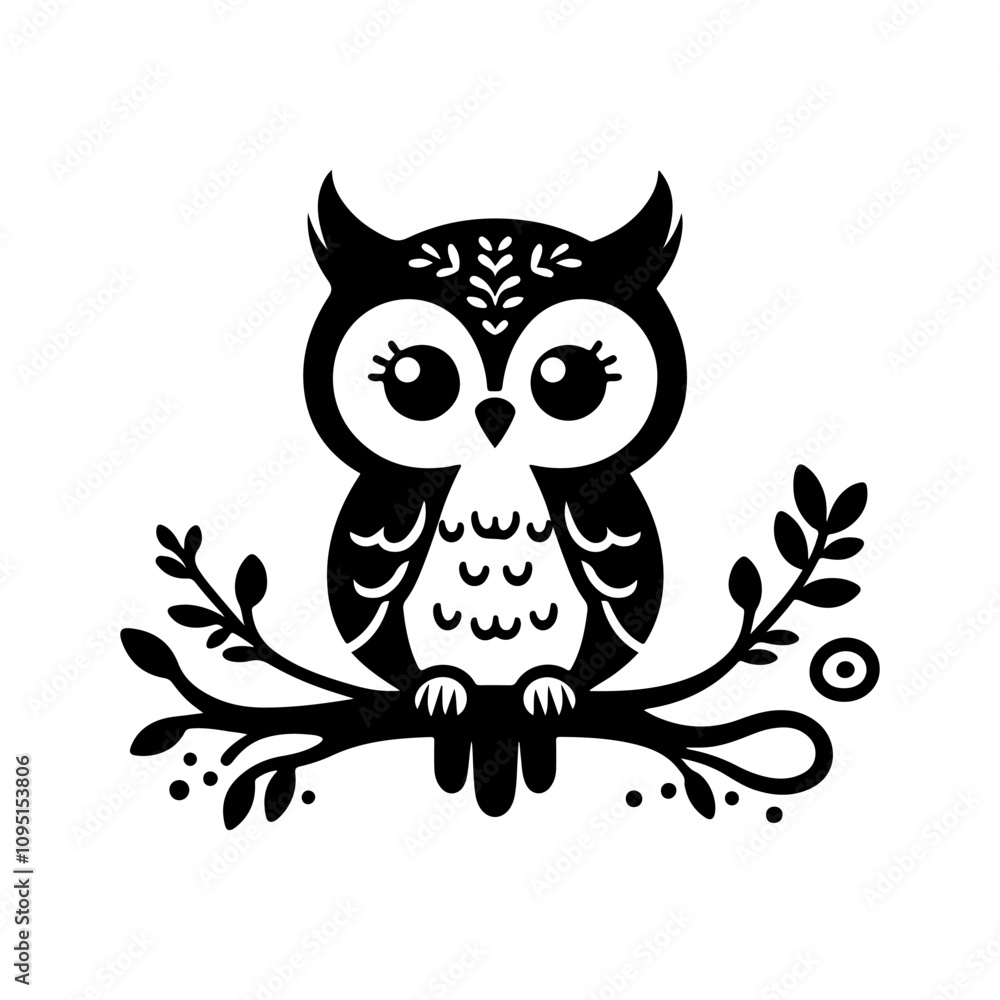 Fototapeta premium Vector Silhouette of owl sitting on a tree branch.