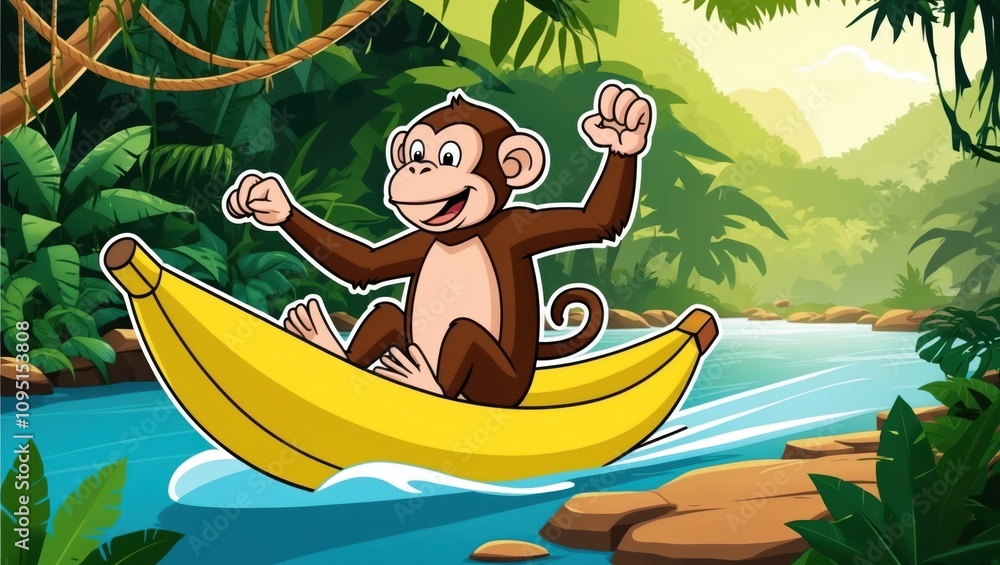 Monkey riding banana boat jungle river animated adventure tropical nature playful perspective fun concept integration Monkey riding banana boat jungle river animated adventure tropical nature playful perspective fun concept integration