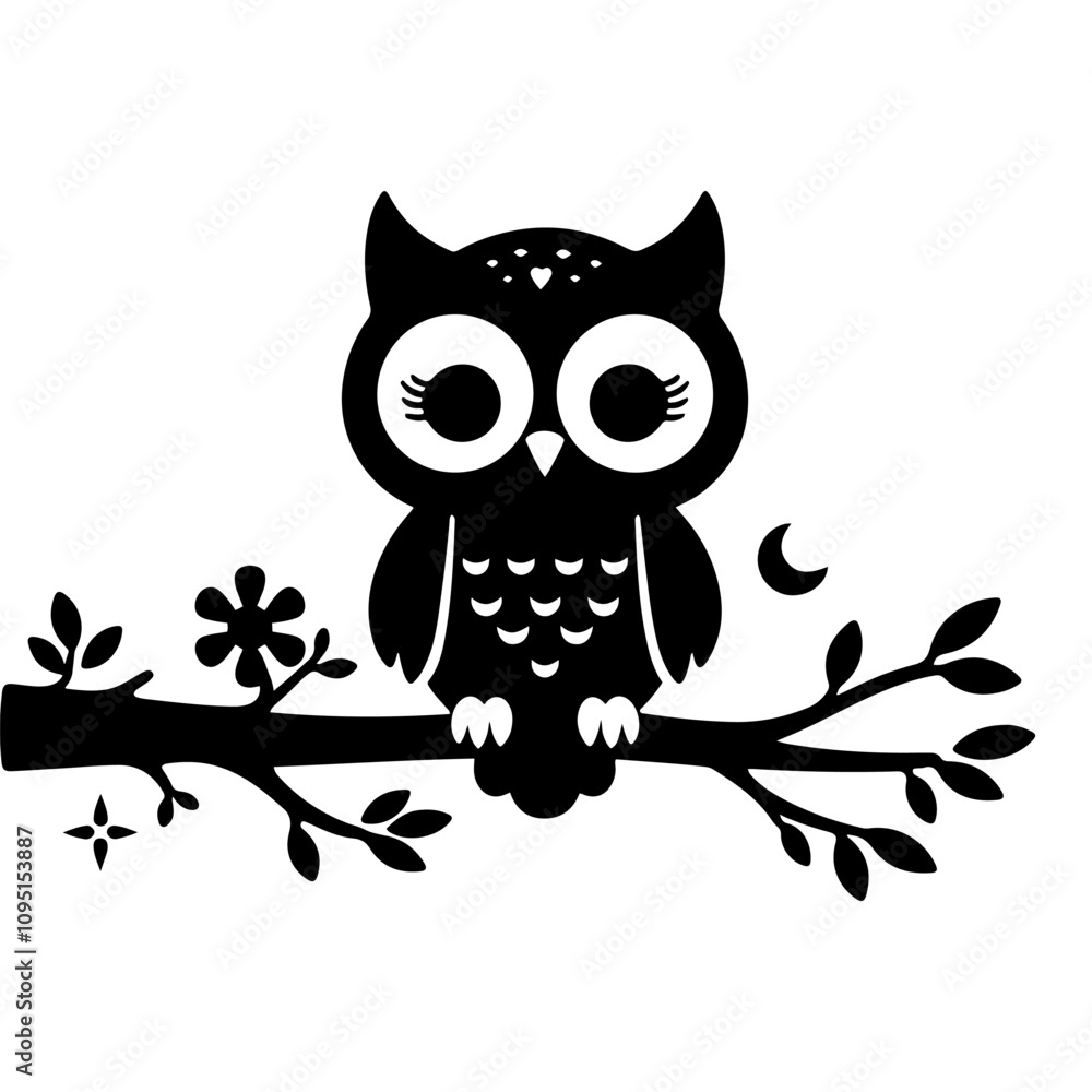 Fototapeta premium Vector Silhouette of owl sitting on a tree branch.