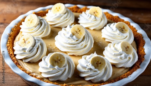 Delicious banana cream pie preparation home kitchen food photography cozy environment overhead view baking inspiration