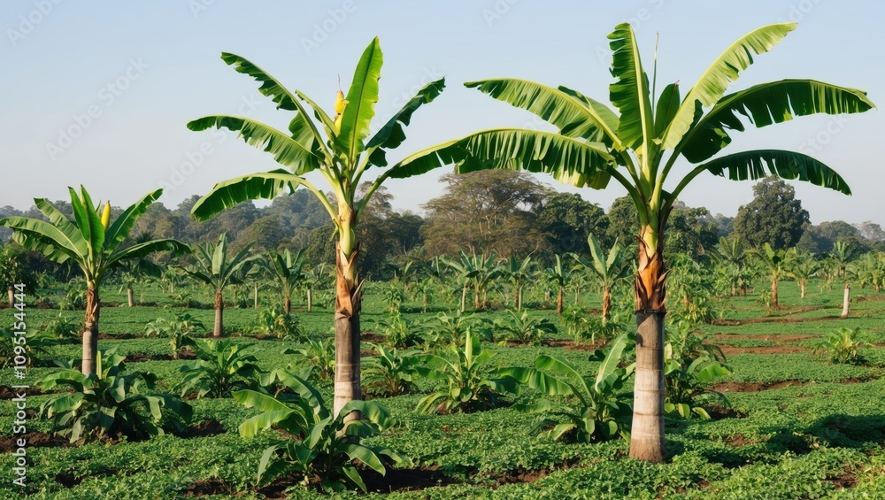 Banana plantation growth tropical landscape nature photography green environment wide view agricultural development