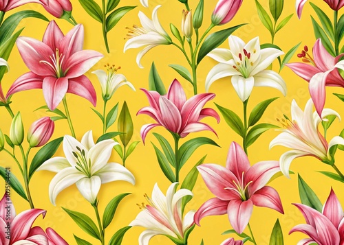 Vibrant Lily Flower Pattern on Yellow Background - Elegant White and Pink Floral Design for Home Decor and Fashion Textiles