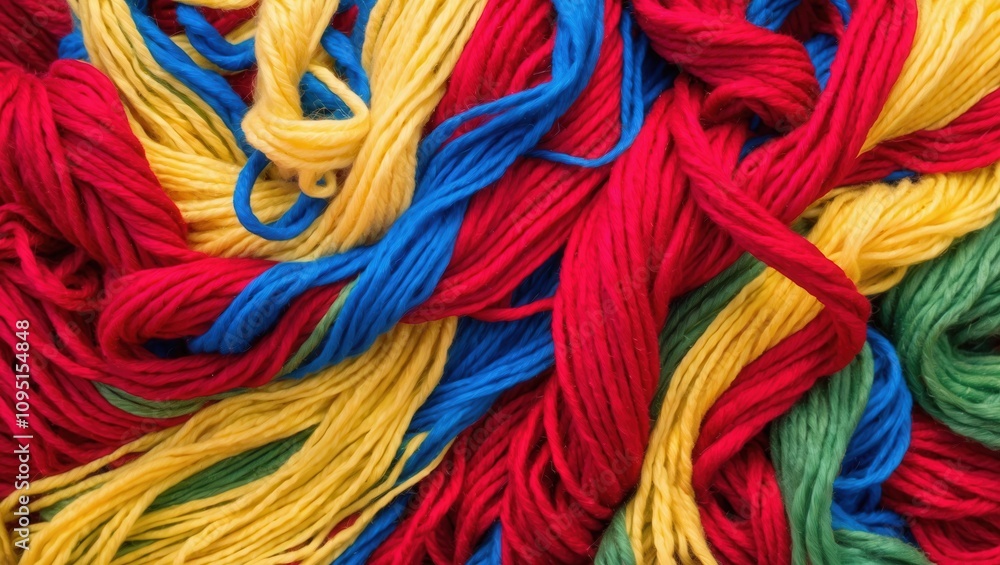 Bright Multicolor Wool Strands in Chaotic Arrangement Creating a Vibrant and Playful Texture Perfect for Craft and Design Projects