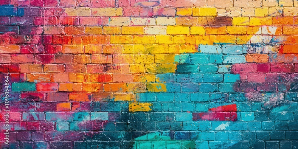 A vibrant graffiti mural on a brick wall in an urban neighborhood. A vibrant graffiti mural on a brick wall in an urban neighborhood.