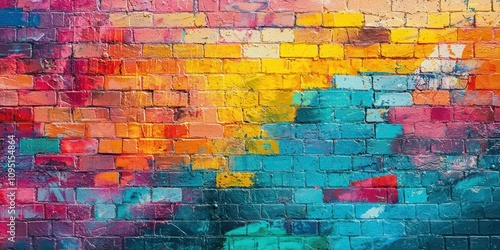 A vibrant graffiti mural on a brick wall in an urban neighborhood.