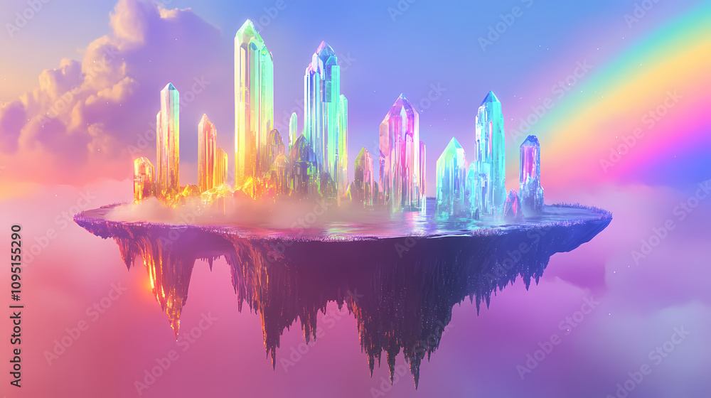 custom made wallpaper toronto digitalFloating islands connected by bridge under vibrant rainbow. concept of fantasy world. Floating Crystal Tower. Illustration