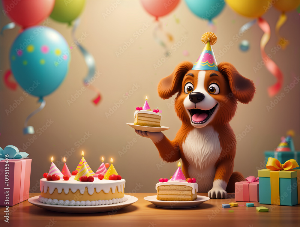 Happy puppy wearing a birthday hat, celebrating with cake and colorful decorations Happy puppy wearing a birthday hat, celebrating with cake and colorful decorations