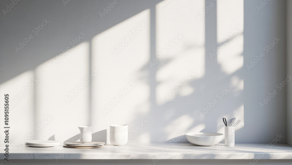 White kitchen interior with empty table, sunlight casting shadows on white wall, perfect for photography compositions White kitchen interior with empty table, sunlight casting shadows on white wall, perfect for photography compositions