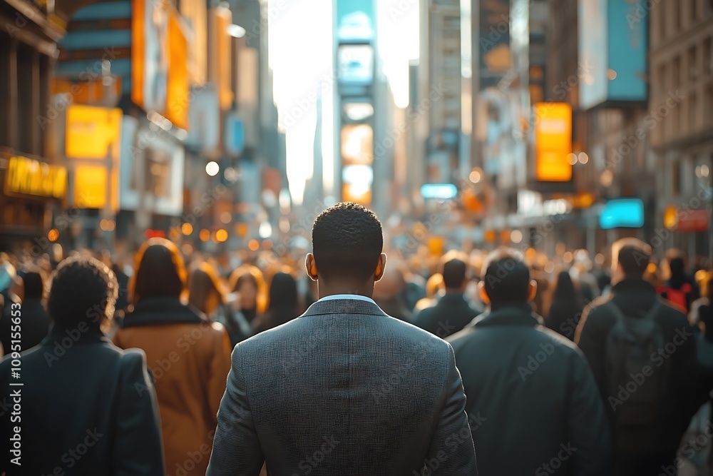 NYC African American Businessman Forward Motion, Busy Street, Back View NYC African American Businessman Forward Motion, Busy Street, Back View