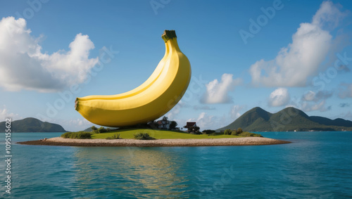 Unique island installation of giant banana sculpture tropical paradise art display scenic view conceptual art for nature lovers photo