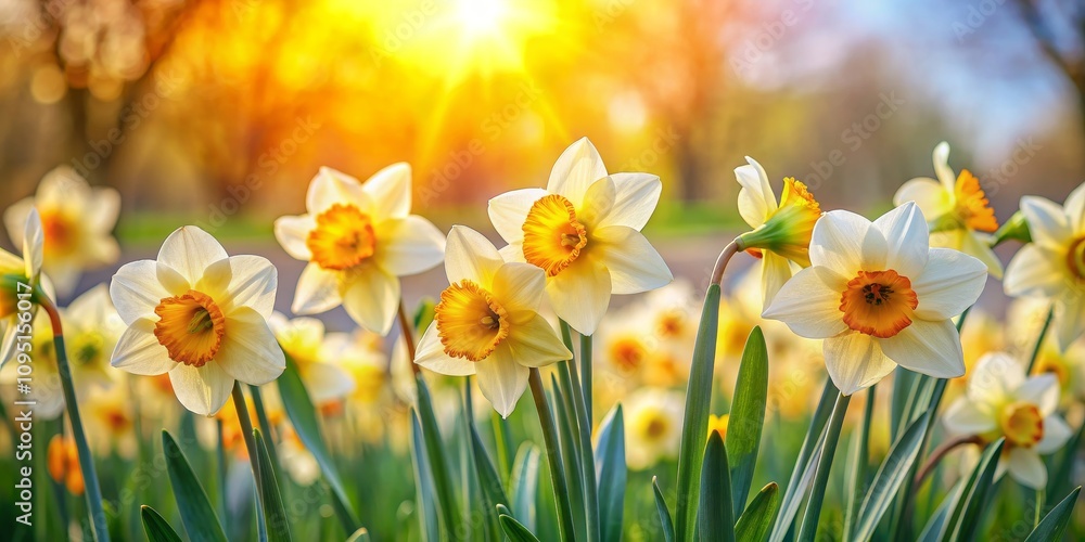 Golden Hour Daffodils A Field of White and Yellow Blossoms Basking in the Sunset Glow Golden Hour Daffodils A Field of White and Yellow Blossoms Basking in the Sunset Glow