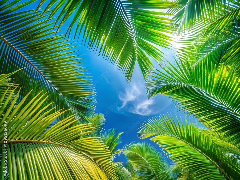 Vibrant Palm Branches Against a Blue Sky in Rule of Thirds Composition for Tropical Aesthetic and Nature Photography Needs Vibrant Palm Branches Against a Blue Sky in Rule of Thirds Composition for Tropical Aesthetic and Nature Photography Needs